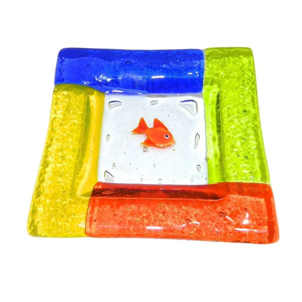 Handcrafted Colorful Glass Dish Fish Motif - 4" Square Ashtray Votive Candle